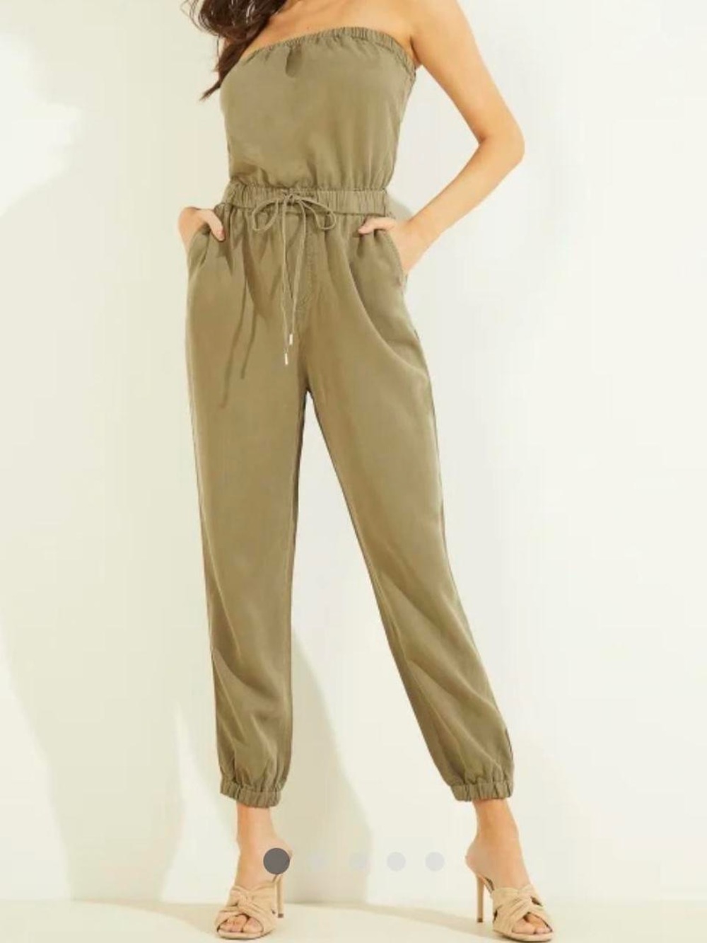 Guess Olive Strapless Drawstring Utility Jumpsuit